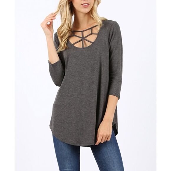 Zenana Outfitters Tops - ❗️LAST❗️Criss cross charcoal Tunic